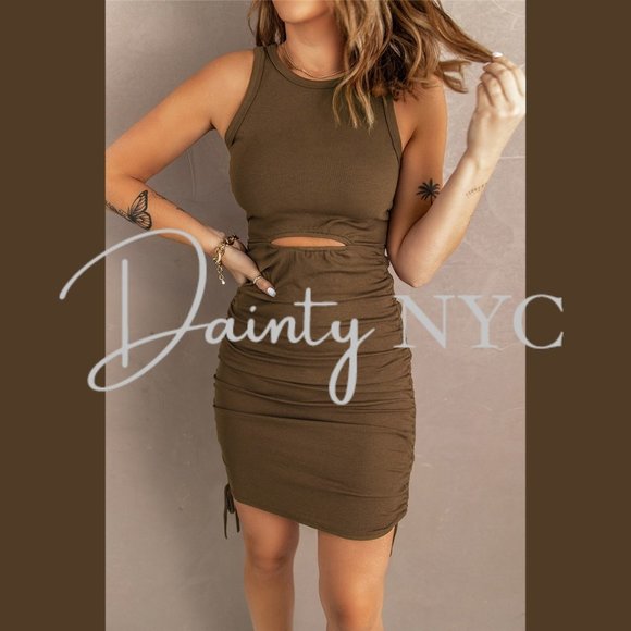 Ruched Drawstring Bodycon Mini Dress BROWN - Picture 3 of 9